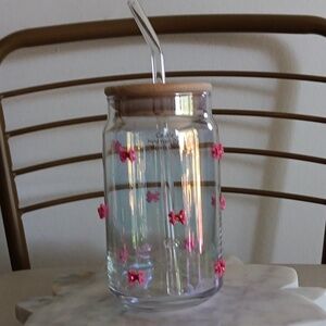 New!Viral Pink Bow Glass with Straw